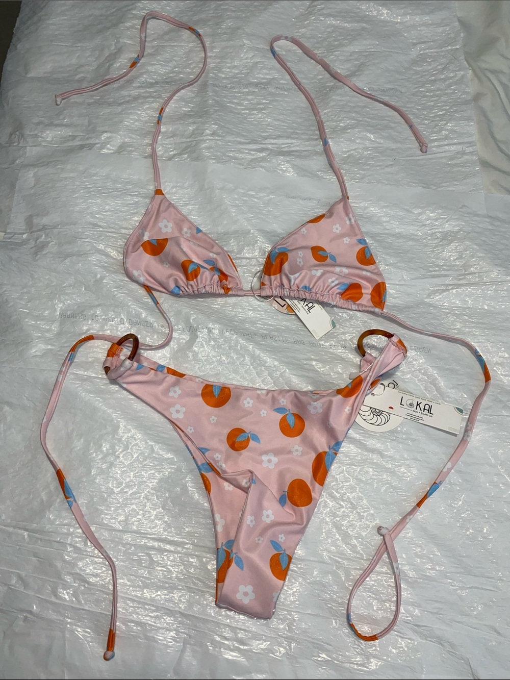 Pink Fruit Print Triangle String Bikini with Rings- never worn!!